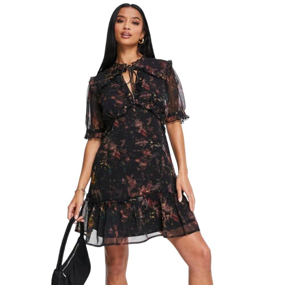 TopShop Black Frill Tie Neck Minidress Size 6P NWOT $74 MSRP